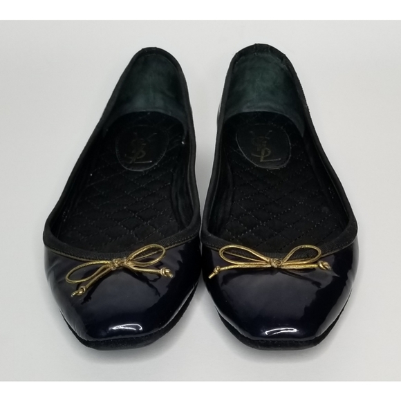 YSL Navy Patent Leather Shiny Bow Ballet Flats - Picture 2 of 8